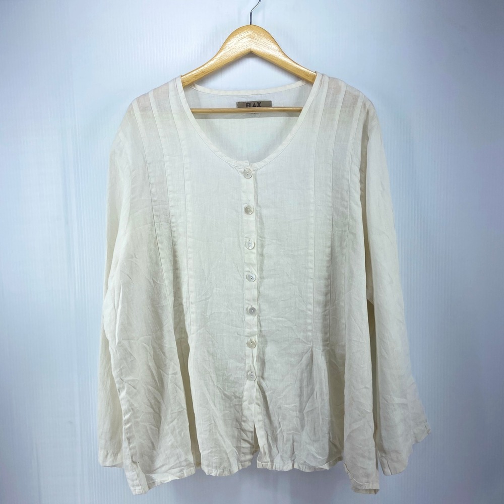 Flax White Linen Long Sleeve Button Front Blouse Womens 1G 18 20 1X